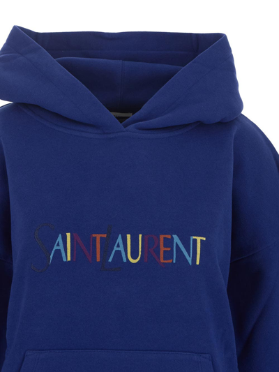 Shop Saint Laurent Embroidered Logo Hoodie In Blue