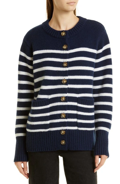 Shop La Ligne Marin Button-up Wool Blend Cardigan In Navy/ Cream
