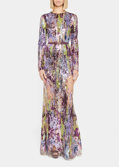 Shop Elie Saab Embroidered Tulle Gown W/ Sequins In Multi Color