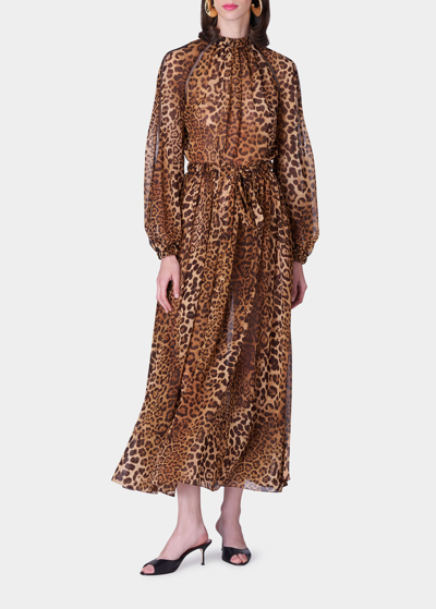 Shop Carolina Herrera Leopard-print Gathered Neck-tie Midi Dress In Multi Color