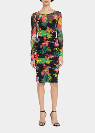 Shop Fuzzi Ruched Floral-print Tulle Dress In Nero