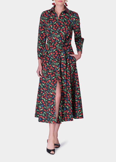 Shop Carolina Herrera Cherry-print Waist-tie Midi Shirtdress In Black Multi