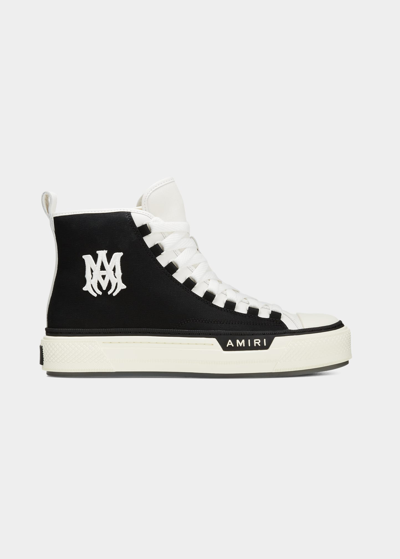 Shop Amiri Men's Court Logo Canvas High-top Sneakers In Black/white