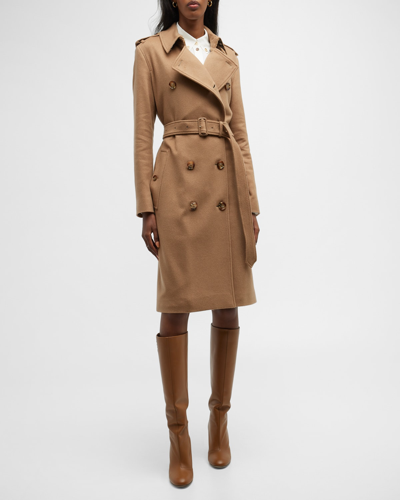 Shop Burberry Kensington Double-breasted Cashmere Trench Coat In Camel Melange