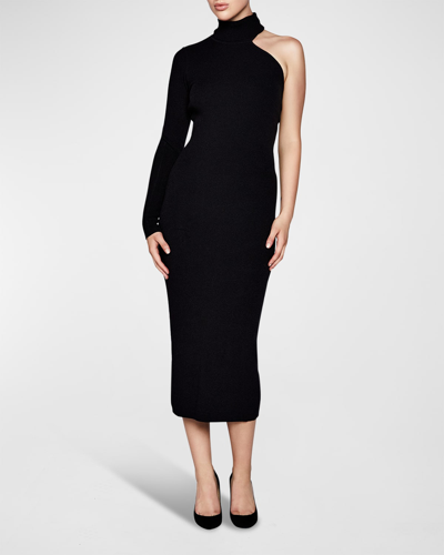 Shop Bardot Asymmetric-sleeve Knit Turtleneck Midi Dress In Black