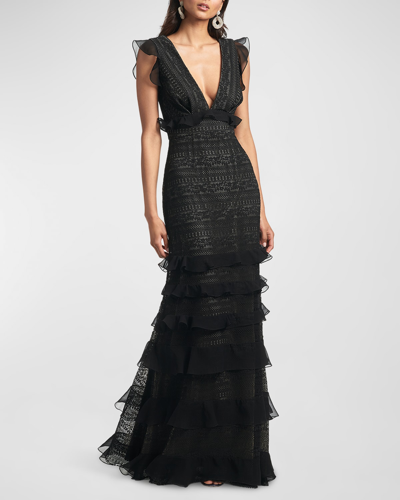 Shop Sachin & Babi Serafina Ruffle-trim Deep V Neck Lace Gown In Black