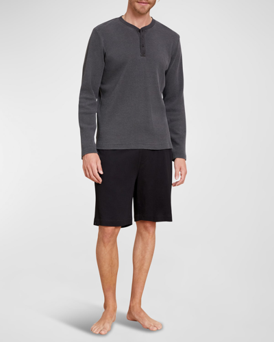 Shop Barefoot Dreams Men's Waffle-knit Henley T-shirt In Carbon