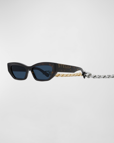 Shop Stella Mccartney Logo Acetate Butterfly Sunglasses With Falabella Chain In Dark Havana Blue