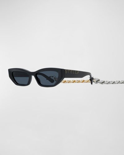 Shop Stella Mccartney Logo Acetate Butterfly Sunglasses With Falabella Chain In Shiny Black Smoke