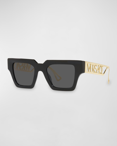 Shop Versace Oversized Logo Square Acetate Sunglasses In Dark Grey