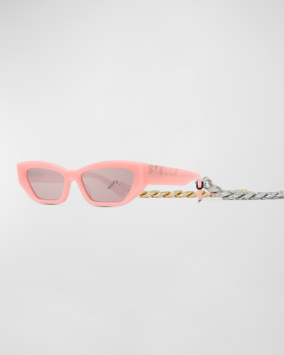Shop Stella Mccartney Logo Acetate Butterfly Sunglasses With Falabella Chain In Shiny Pink