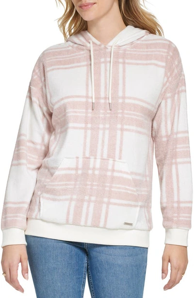 Shop Andrew Marc Sport Plaid Print Fleece Hoodie In Chablis