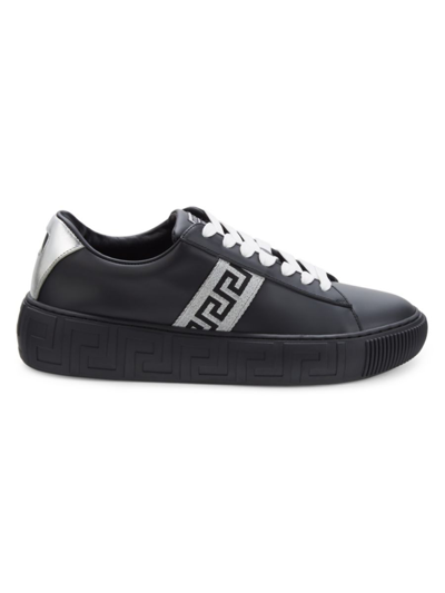 Shop Versace Men's Greca Leather Sneakers In Black Silver