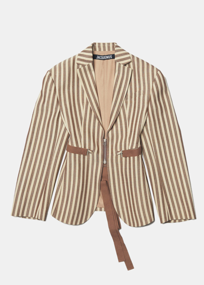 Shop Jacquemus Beige & Brown 'la Veste Filu' Fitted Blazer In Beige Brown Stripes