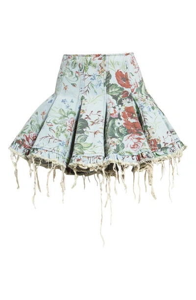 Shop Molly Goddard Flare Floral Print Raw Hem Denim Miniskirt In Blue Wash
