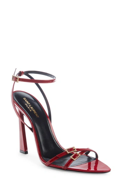 Shop Saint Laurent Crystal Buckle Ankle Strap Sandal In Tibet Red