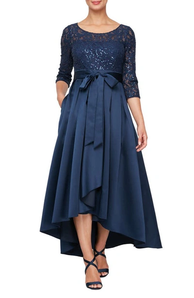 Shop Alex Evenings Sequin Lace High-low Cocktail Dress In Navy