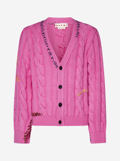 Shop Marni Cable-knit Wool Cardigan In Pink Fluo
