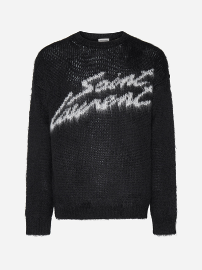 Shop Saint Laurent Logo Mohair-blend Sweater In Black,white