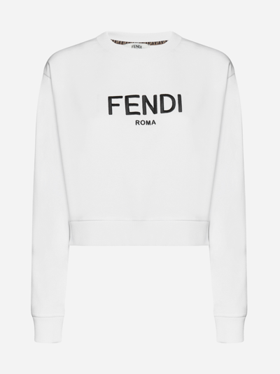Shop Fendi Logo Cotton Cropped Sweatshirt In White