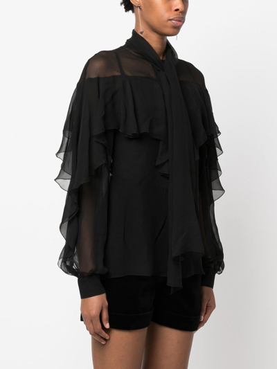 Shop Alberta Ferretti Pussy-bow Ruffled Silk Shirt In Black