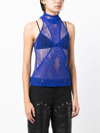 Shop Dion Lee Visceral Lace Hooded Tank Top In Blue