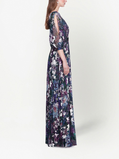 Shop Marchesa Notte Floral-print V-neck Gown In Green