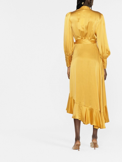 Shop Zimmermann Ruffled Silk Midi Wrap Dress In Yellow