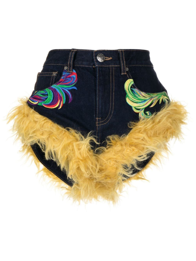 Area Mohar Fur Trim Hot Denim Shorts In Blue