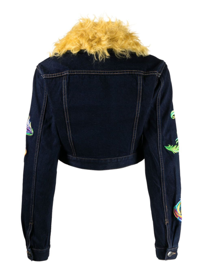Shop Area Contrast-collar Feather-embroidered Denim Jacket In Blue