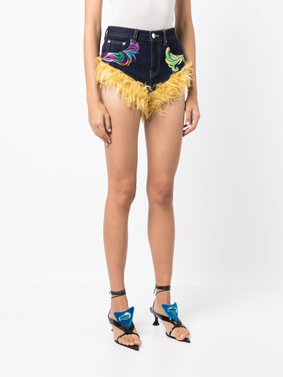 Area Mohar Fur Trim Hot Denim Shorts In Blue