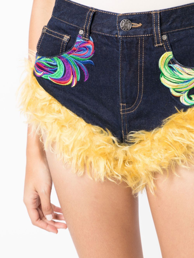 Area Mohar Fur Trim Hot Denim Shorts In Blue