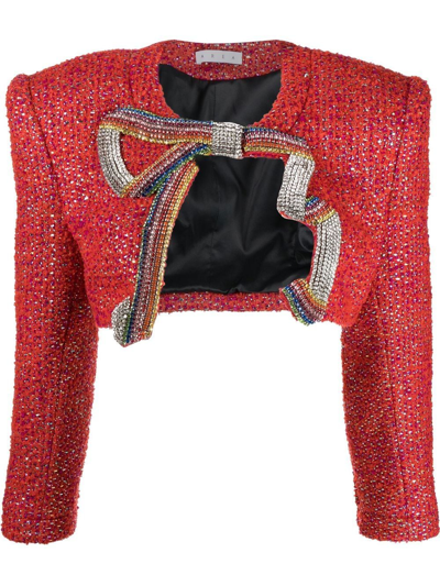 Shop Area Embroidered Crystal-bow Cropped Jacket In Red
