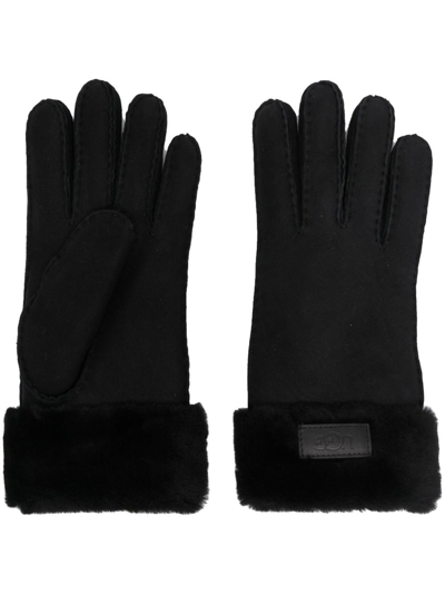 Ugg Black Shearling Gloves With Turn-up Brim In Black