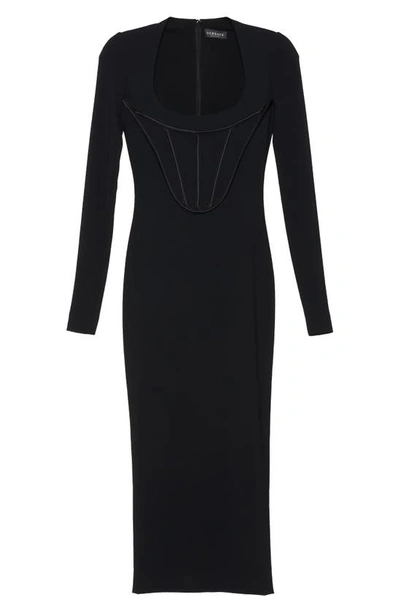 Shop Versace Corset Detail Long Sleeve Jersey Midi Dress In Nero