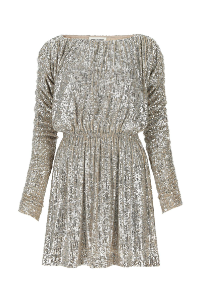 Shop Saint Laurent Sequins Embellished Mini Dress In Champagne