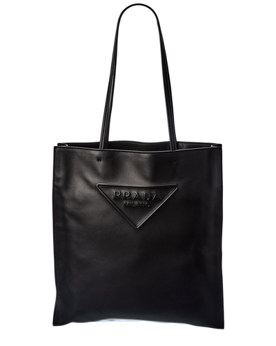 Shop Prada Logo Leather Tote In Black
