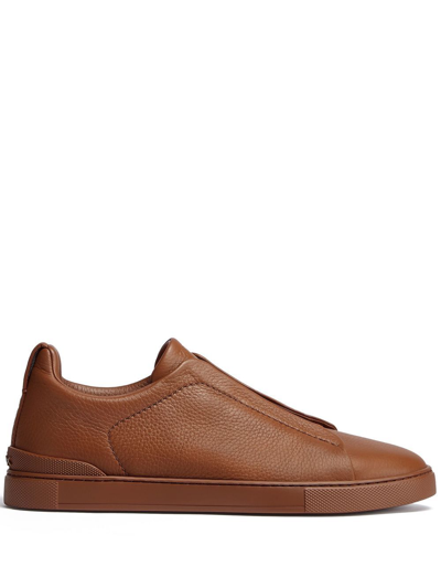 Shop Zegna Triple Stitch Leather Sneakers In Brown
