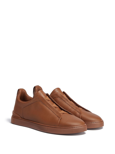 Shop Zegna Triple Stitch Leather Sneakers In Brown