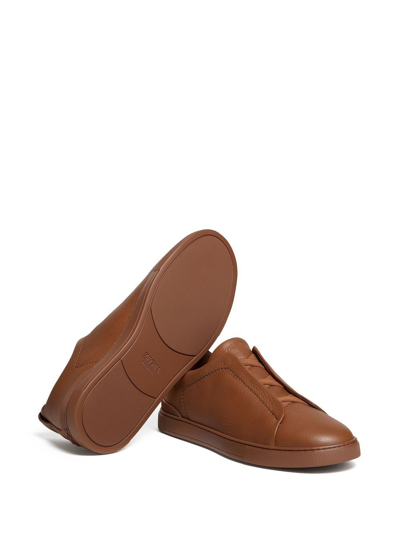 Shop Zegna Triple Stitch Leather Sneakers In Brown