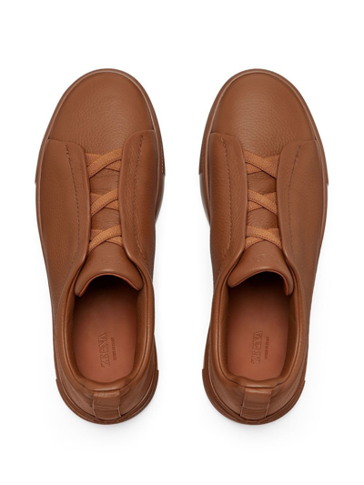 Shop Zegna Triple Stitch Leather Sneakers In Brown
