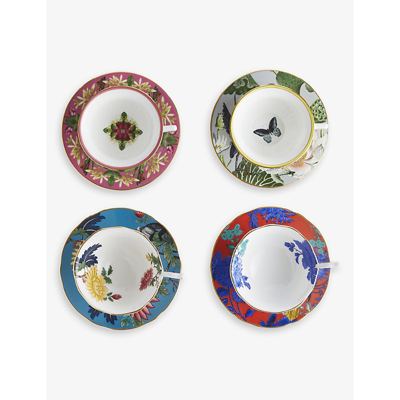 Wedgwood Wonderlust Floral-print Set Of Four Bone-china Teacups And Saucers