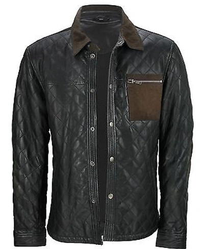 Pre-owned Infinity Men's Casual Quilted Black Nappa Leather Shirt Jean Jacket