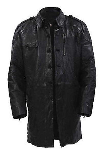 Pre-owned Infinity Men's Long Military Soft Distressed Black Leather Trench Coat