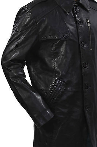 Pre-owned Infinity Men's Long Military Soft Distressed Black Leather Trench Coat