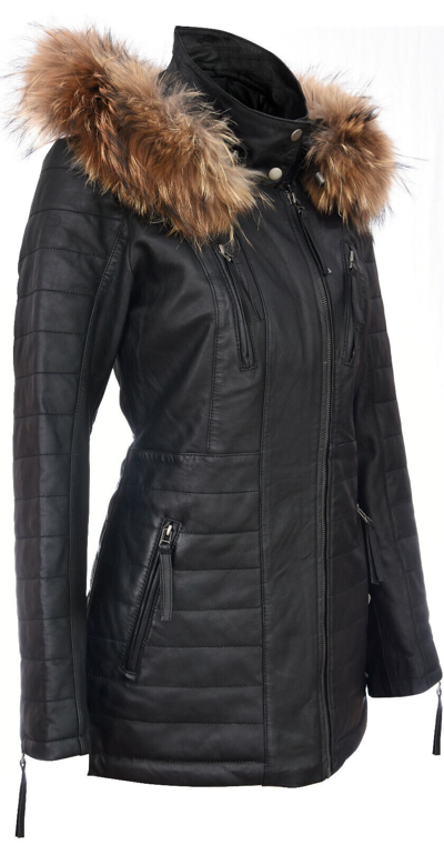 Pre-owned Infinity Women's Black Leather Parka Jacket Quilted Detachable Hooded Trench Coat