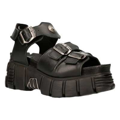 Pre-owned New Rock Rock Boots M-bios101-c2 Unisex Metallic Black 100% Leather Sandal Punk Rock