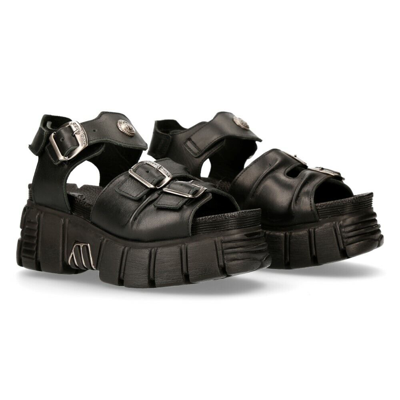 Pre-owned New Rock Rock Boots M-bios101-c2 Unisex Metallic Black 100% Leather Sandal Punk Rock