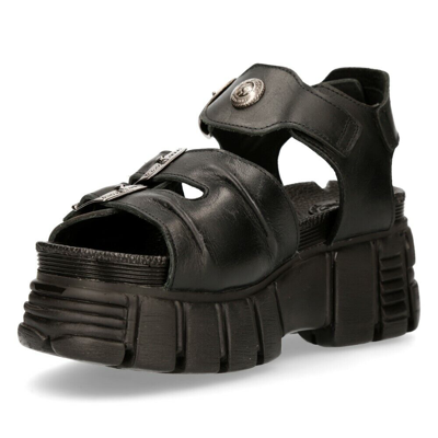 Pre-owned New Rock Rock Boots M-bios101-c2 Unisex Metallic Black 100% Leather Sandal Punk Rock