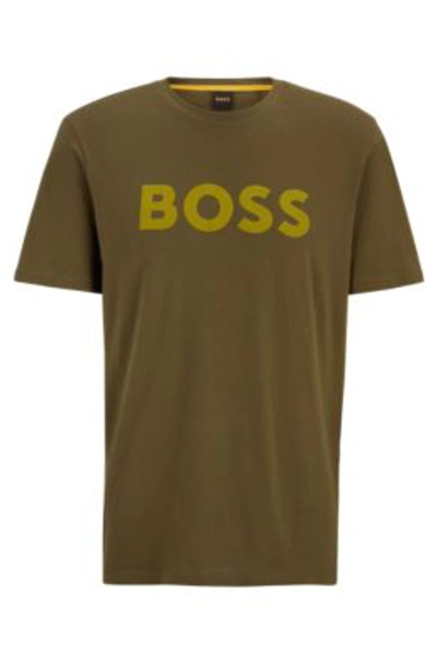 Shop Hugo Boss Cotton-jersey T-shirt With Rubber-print Logo In Dark Green